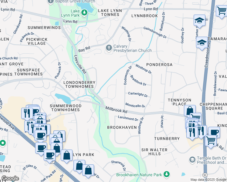 map of restaurants, bars, coffee shops, grocery stores, and more near 6121 Chatford Drive in Raleigh