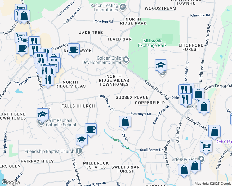 map of restaurants, bars, coffee shops, grocery stores, and more near 5943 Sentinel Drive in Raleigh