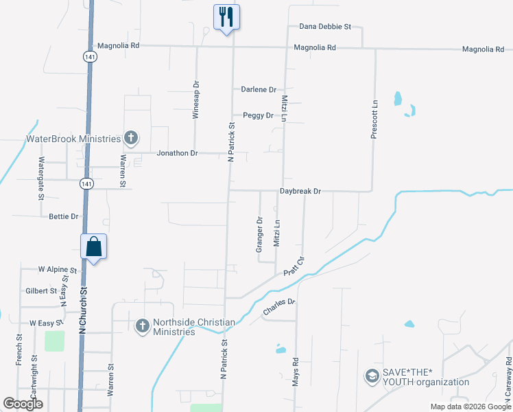 map of restaurants, bars, coffee shops, grocery stores, and more near 1609 Granger Drive in Jonesboro