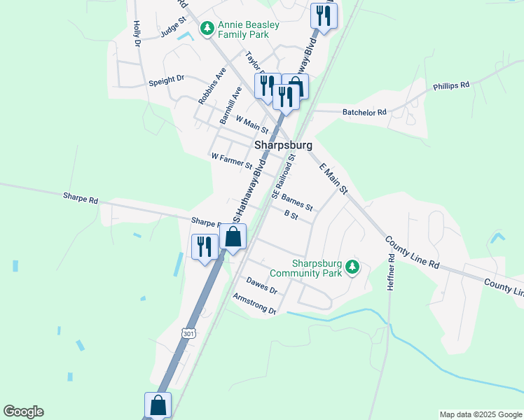 map of restaurants, bars, coffee shops, grocery stores, and more near West Railroad Street in Rocky Mount