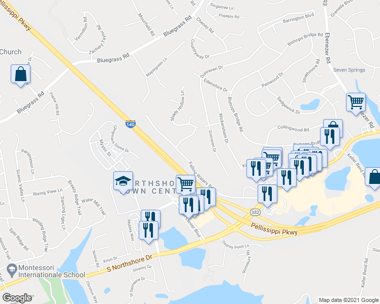 map of restaurants, bars, coffee shops, grocery stores, and more near 1932 Falling Waters Road in Knoxville