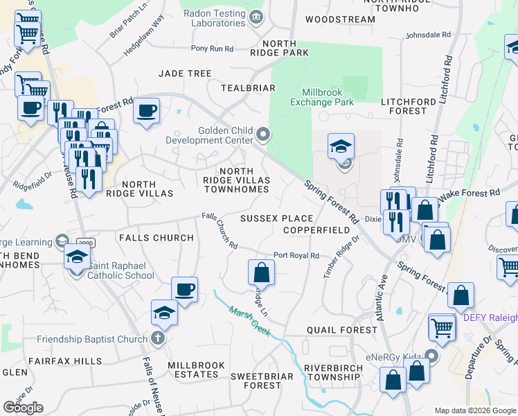 map of restaurants, bars, coffee shops, grocery stores, and more near 5938 Sentinel Drive in Raleigh