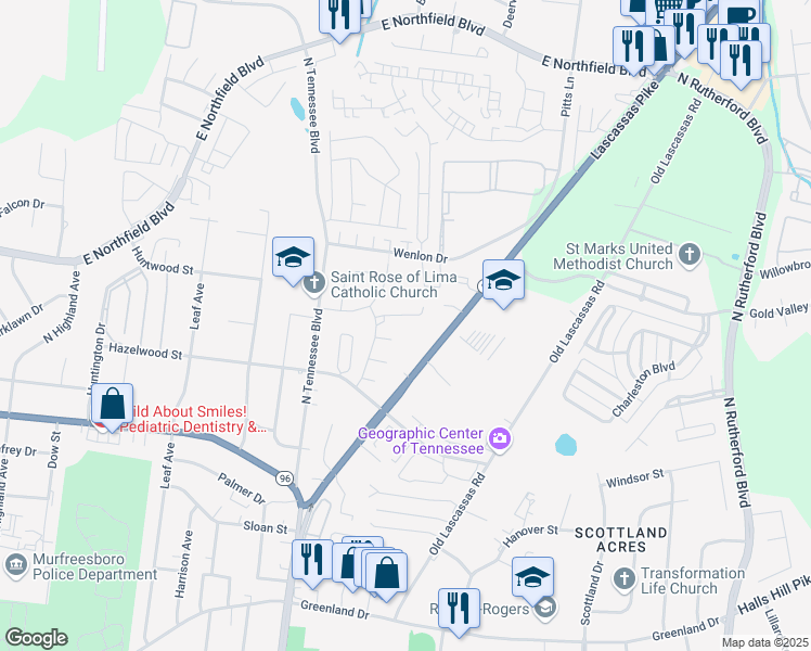 map of restaurants, bars, coffee shops, grocery stores, and more near 1635 New Lascassas Highway in Murfreesboro