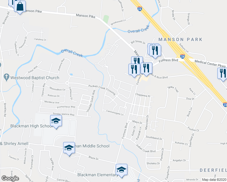 map of restaurants, bars, coffee shops, grocery stores, and more near 3305 Puckett Creek Crossing in Murfreesboro