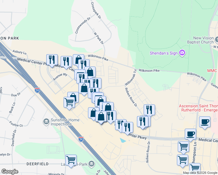 map of restaurants, bars, coffee shops, grocery stores, and more near 2685 Wilkinson Pike in Murfreesboro