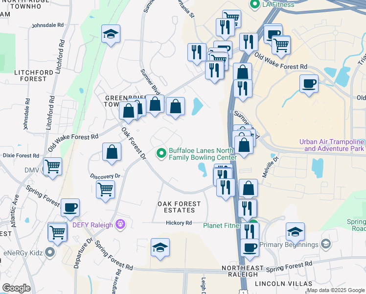 map of restaurants, bars, coffee shops, grocery stores, and more near 6141 Beale Loop in Raleigh