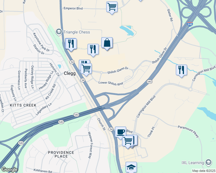map of restaurants, bars, coffee shops, grocery stores, and more near 1020 Lower Shiloh Way in Morrisville
