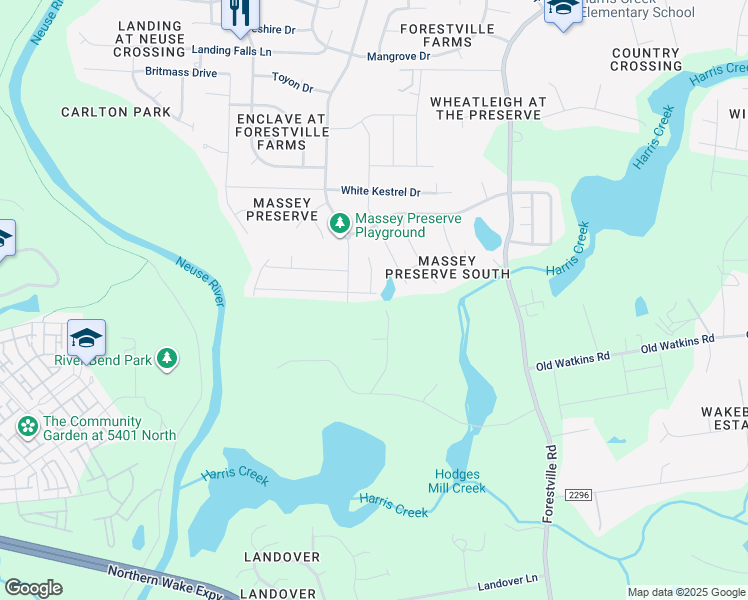 map of restaurants, bars, coffee shops, grocery stores, and more near 4022 Massey Wood Trail in Raleigh