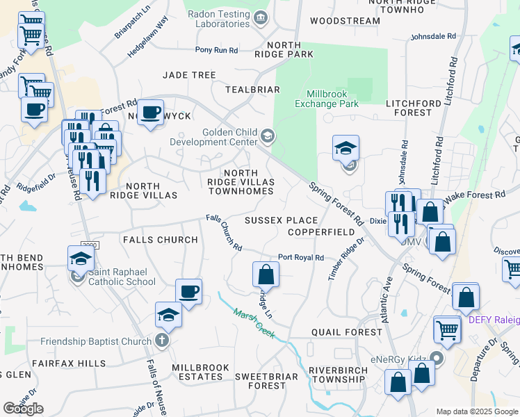 map of restaurants, bars, coffee shops, grocery stores, and more near 6002 Sentinel Drive in Raleigh