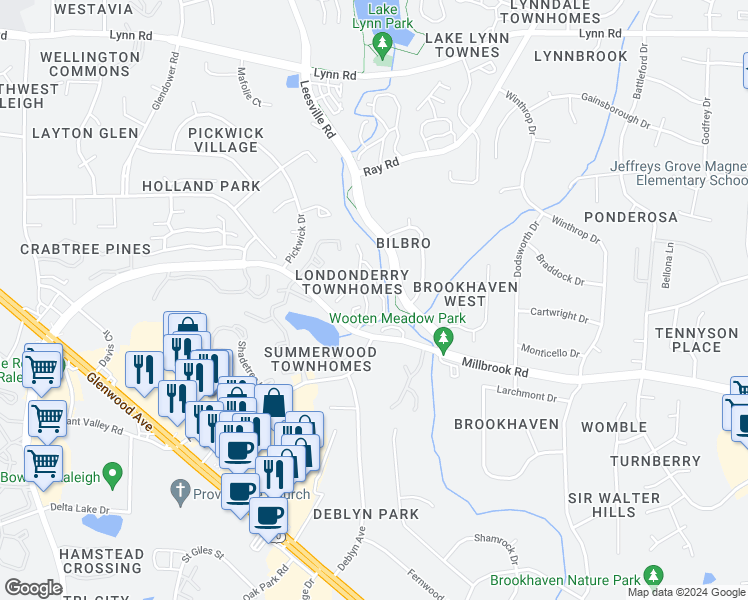 map of restaurants, bars, coffee shops, grocery stores, and more near 6131 Loch Laural Lane in Raleigh