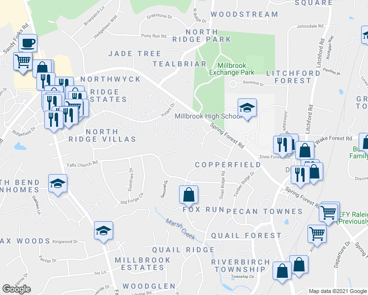 map of restaurants, bars, coffee shops, grocery stores, and more near 6002 Sentinel Drive in Raleigh