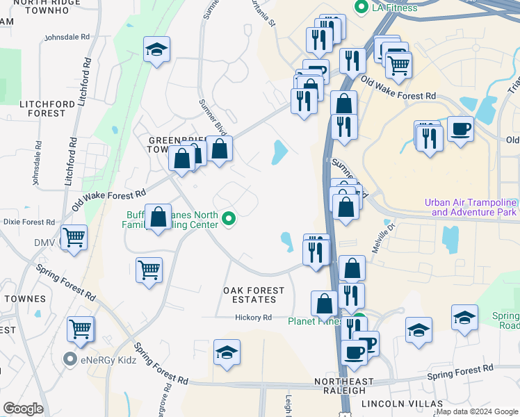 map of restaurants, bars, coffee shops, grocery stores, and more near 6141 Beale Loop in Raleigh