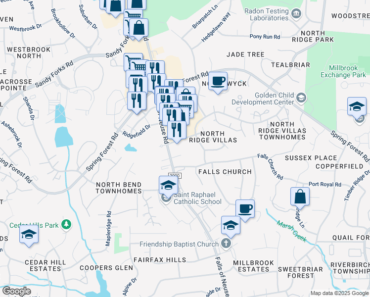map of restaurants, bars, coffee shops, grocery stores, and more near 1223 Falls Church Road in Raleigh