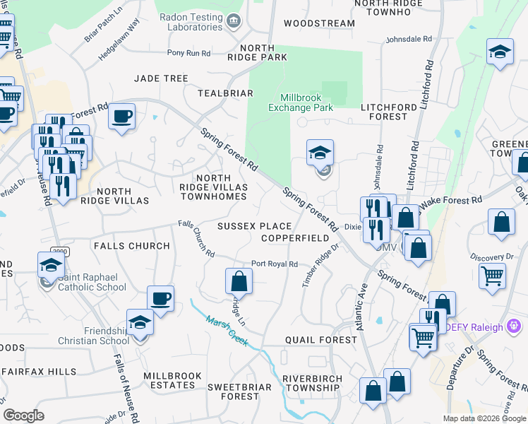 map of restaurants, bars, coffee shops, grocery stores, and more near 2204 Heathrowe Place in Raleigh
