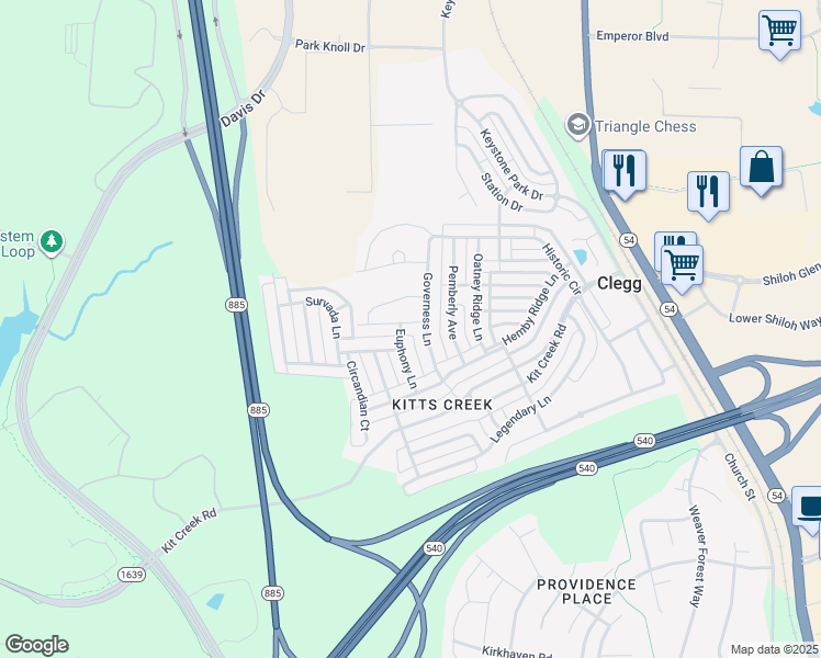 map of restaurants, bars, coffee shops, grocery stores, and more near 1100 Euphony Lane in Morrisville