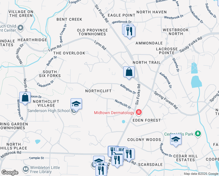 map of restaurants, bars, coffee shops, grocery stores, and more near 6109 Whittier Drive in Raleigh