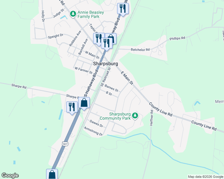 map of restaurants, bars, coffee shops, grocery stores, and more near 316 Martin Luther King Junior Circle in Sharpsburg