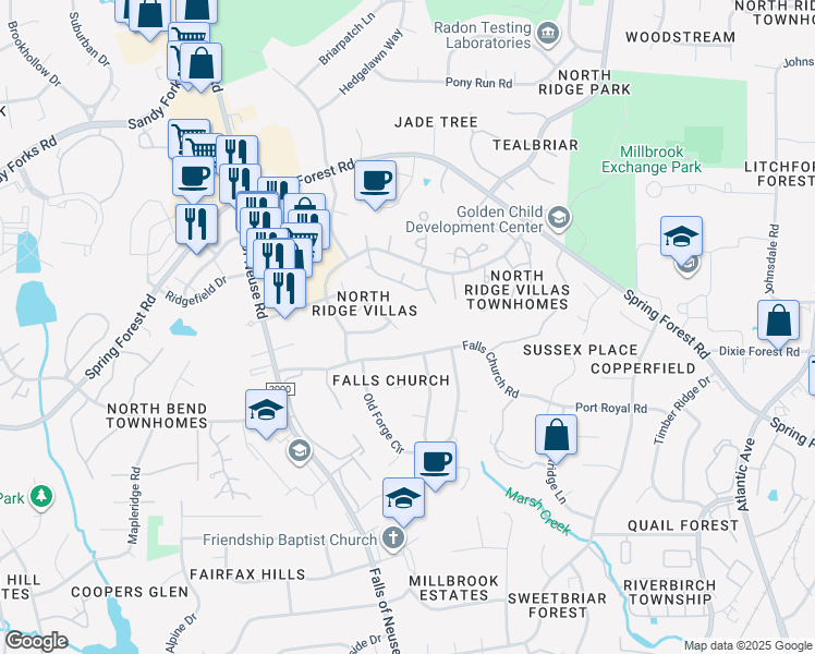 map of restaurants, bars, coffee shops, grocery stores, and more near 1417 Falls Church Road in Raleigh