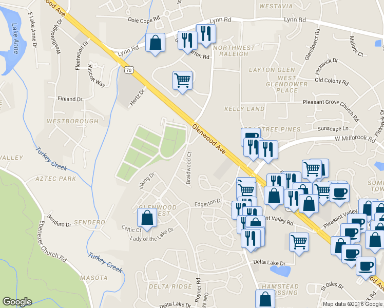 map of restaurants, bars, coffee shops, grocery stores, and more near 6206 Braidwood Court in Raleigh
