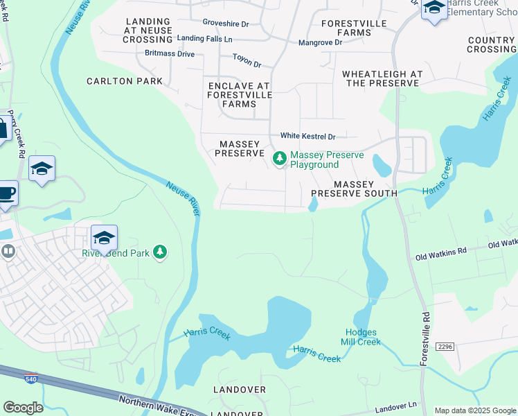 map of restaurants, bars, coffee shops, grocery stores, and more near 3950 Massey Wood Trail in Raleigh
