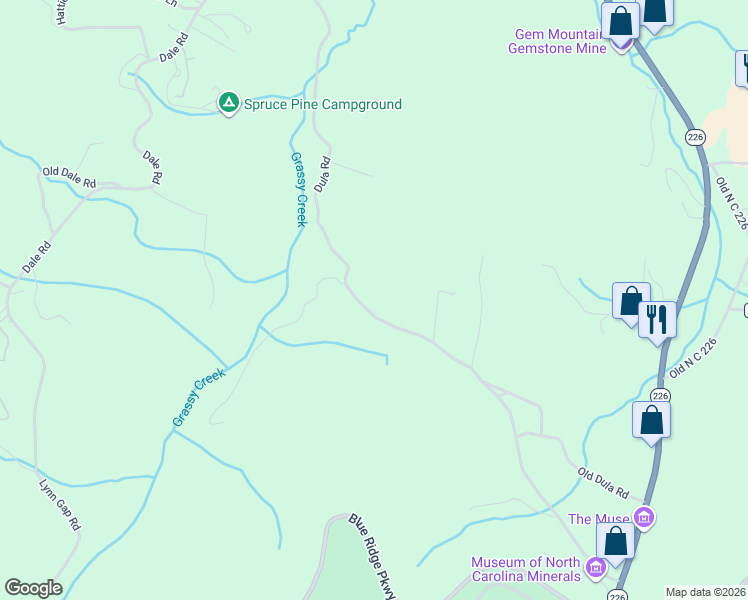 map of restaurants, bars, coffee shops, grocery stores, and more near 1051 Dula Road in Spruce Pine