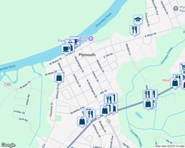 map of restaurants, bars, coffee shops, grocery stores, and more near 401 Adams Street in Plymouth