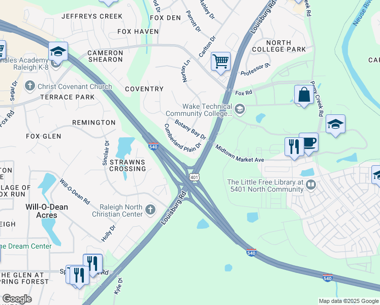 map of restaurants, bars, coffee shops, grocery stores, and more near 6709 Risdon Court in Raleigh