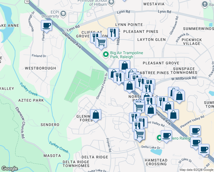 map of restaurants, bars, coffee shops, grocery stores, and more near 6206 Braidwood Court in Raleigh