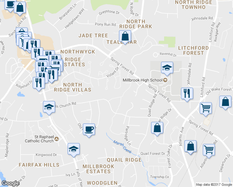 map of restaurants, bars, coffee shops, grocery stores, and more near 5937 Sentinel Drive in Raleigh