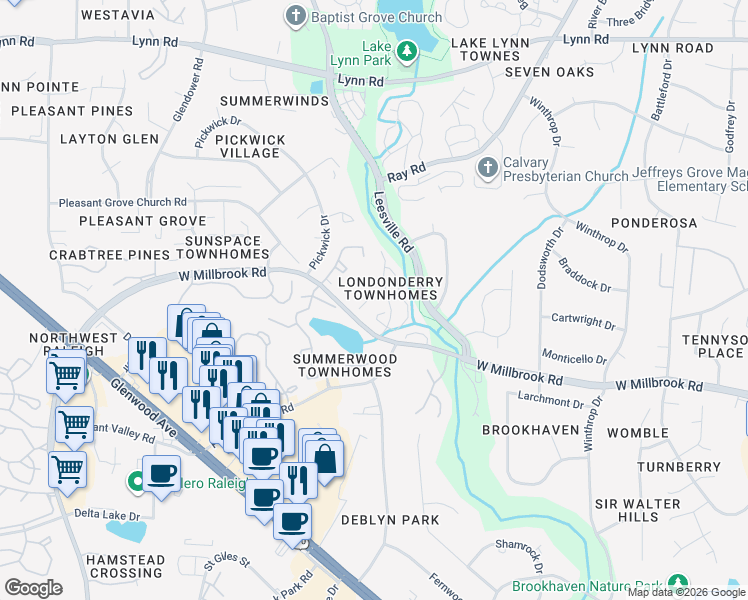 map of restaurants, bars, coffee shops, grocery stores, and more near 6109 Highcastle Court in Raleigh