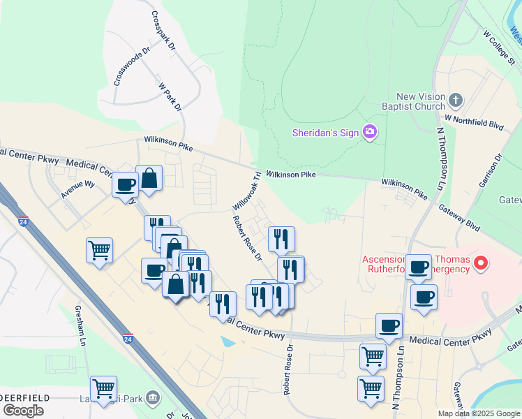 map of restaurants, bars, coffee shops, grocery stores, and more near 1304 Robert Rose Drive in Murfreesboro