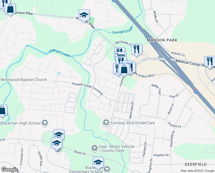 map of restaurants, bars, coffee shops, grocery stores, and more near 3920 Puckett Creek Crossing in Murfreesboro