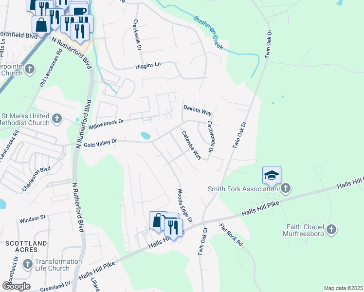 map of restaurants, bars, coffee shops, grocery stores, and more near 1206 Mahogany Trail in Murfreesboro
