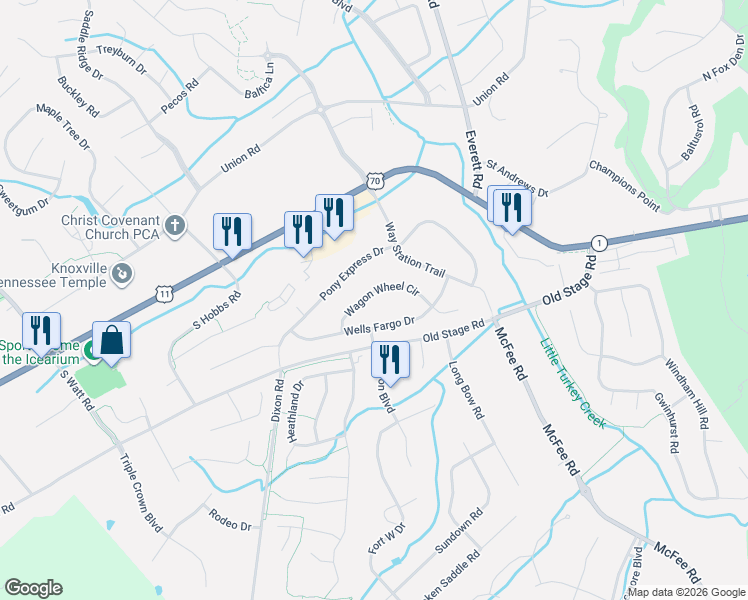 map of restaurants, bars, coffee shops, grocery stores, and more near 229 Wells Fargo Drive in Knoxville