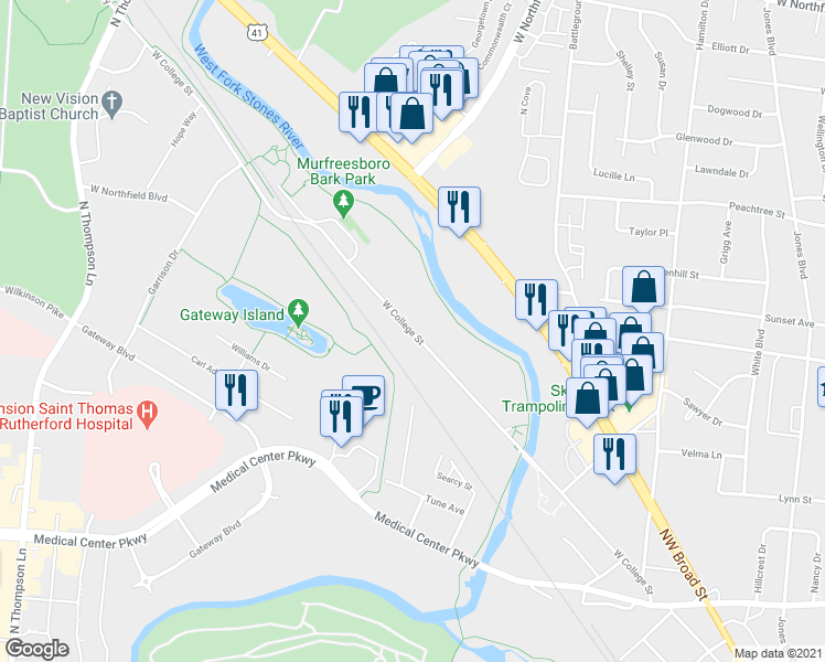 map of restaurants, bars, coffee shops, grocery stores, and more near 1420 W College St in Murfreesboro