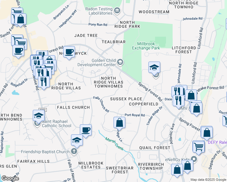 map of restaurants, bars, coffee shops, grocery stores, and more near 5959 Sentinel Drive in Raleigh
