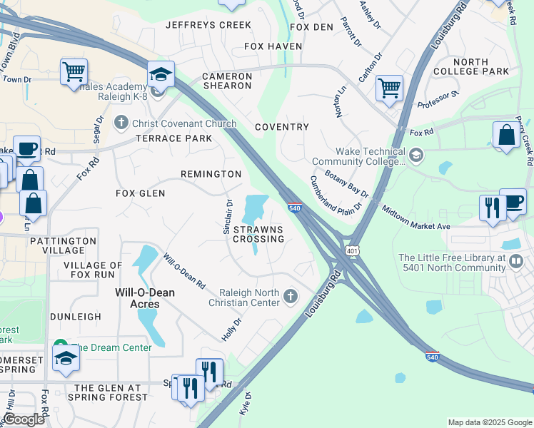 map of restaurants, bars, coffee shops, grocery stores, and more near 6213 Remington Lake Drive in Raleigh