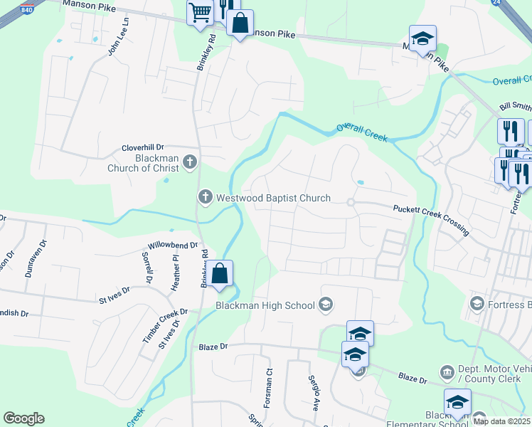 map of restaurants, bars, coffee shops, grocery stores, and more near 1031 Licinius Lane in Murfreesboro