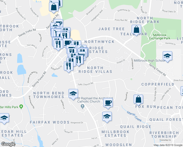 map of restaurants, bars, coffee shops, grocery stores, and more near 6004 Volant Drive in Raleigh