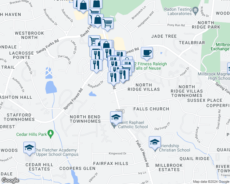 map of restaurants, bars, coffee shops, grocery stores, and more near 6002 Falls of Neuse Road in Raleigh
