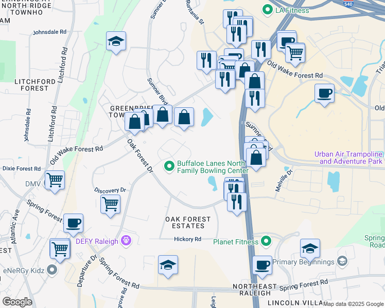 map of restaurants, bars, coffee shops, grocery stores, and more near 6131 Beale Loop in Raleigh