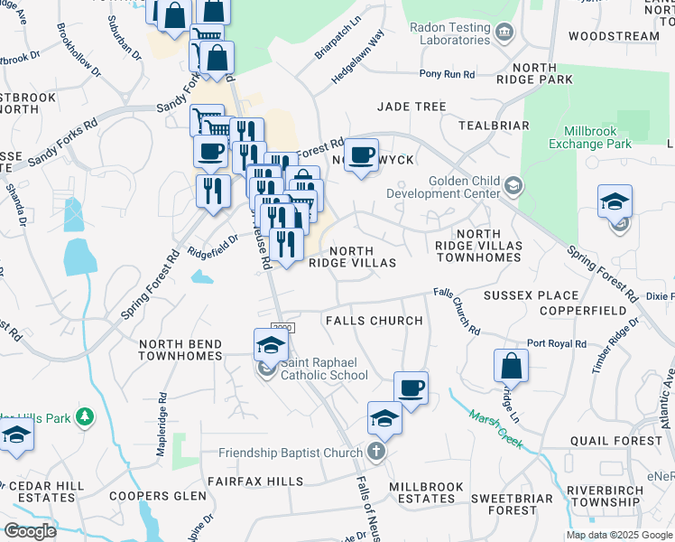 map of restaurants, bars, coffee shops, grocery stores, and more near 6004 Volant Drive in Raleigh