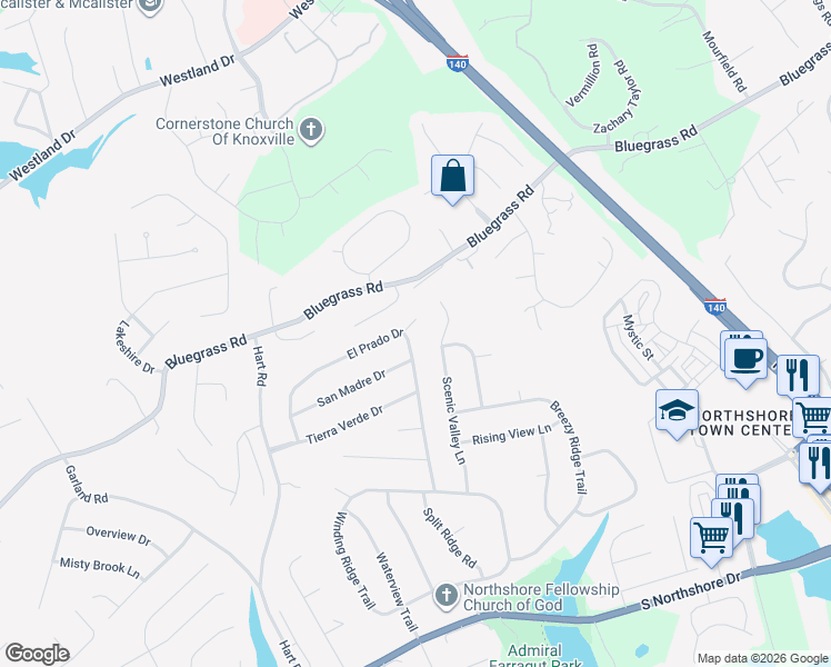 map of restaurants, bars, coffee shops, grocery stores, and more near 1609 Scenic Valley Lane in Knoxville