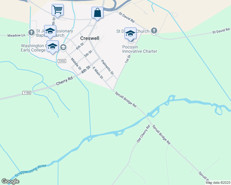 map of restaurants, bars, coffee shops, grocery stores, and more near Spruill Bridge Road in Creswell