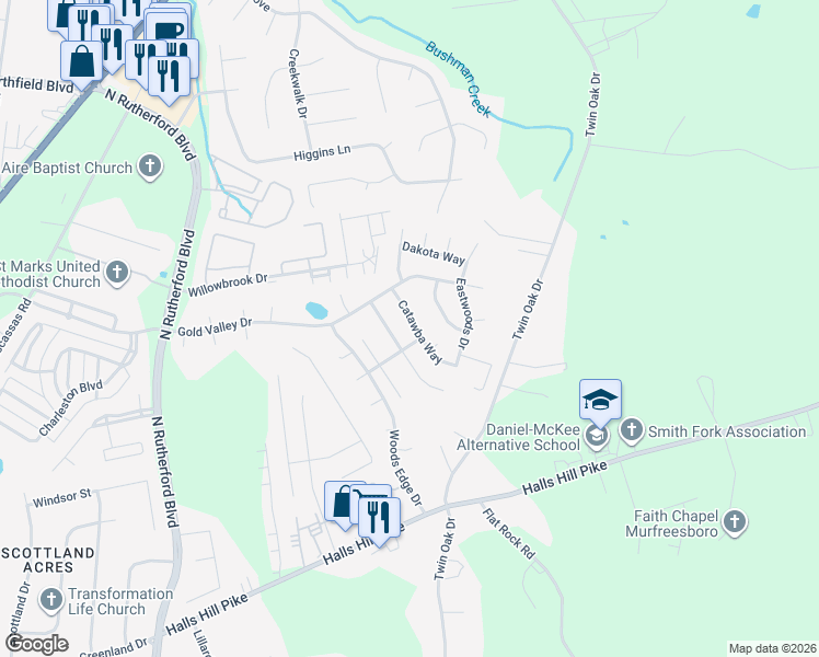 map of restaurants, bars, coffee shops, grocery stores, and more near 1238 Catawba Way in Murfreesboro