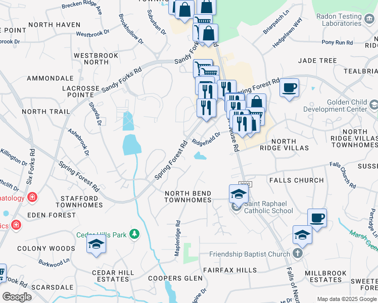map of restaurants, bars, coffee shops, grocery stores, and more near 810 Spring Forest Road in Raleigh
