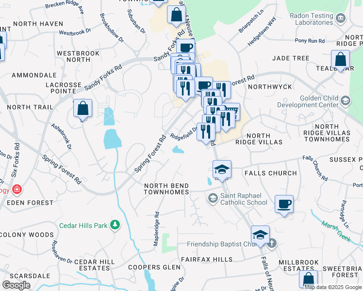 map of restaurants, bars, coffee shops, grocery stores, and more near 800 Springfield Commons Drive in Raleigh