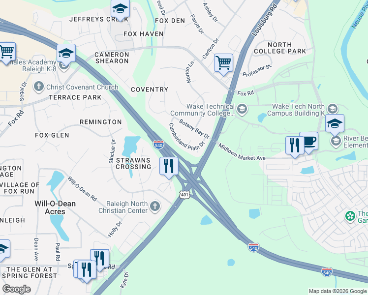 map of restaurants, bars, coffee shops, grocery stores, and more near 6813 Fereday Court in Raleigh