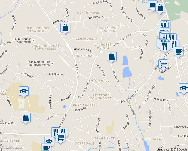 map of restaurants, bars, coffee shops, grocery stores, and more near 6208 Sandy Forks Road in Raleigh