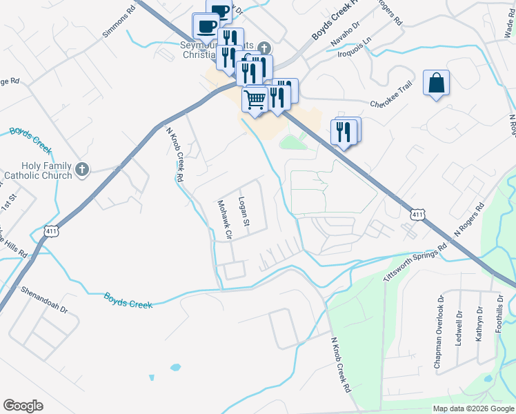 map of restaurants, bars, coffee shops, grocery stores, and more near 232 Mohawk Circle in Seymour